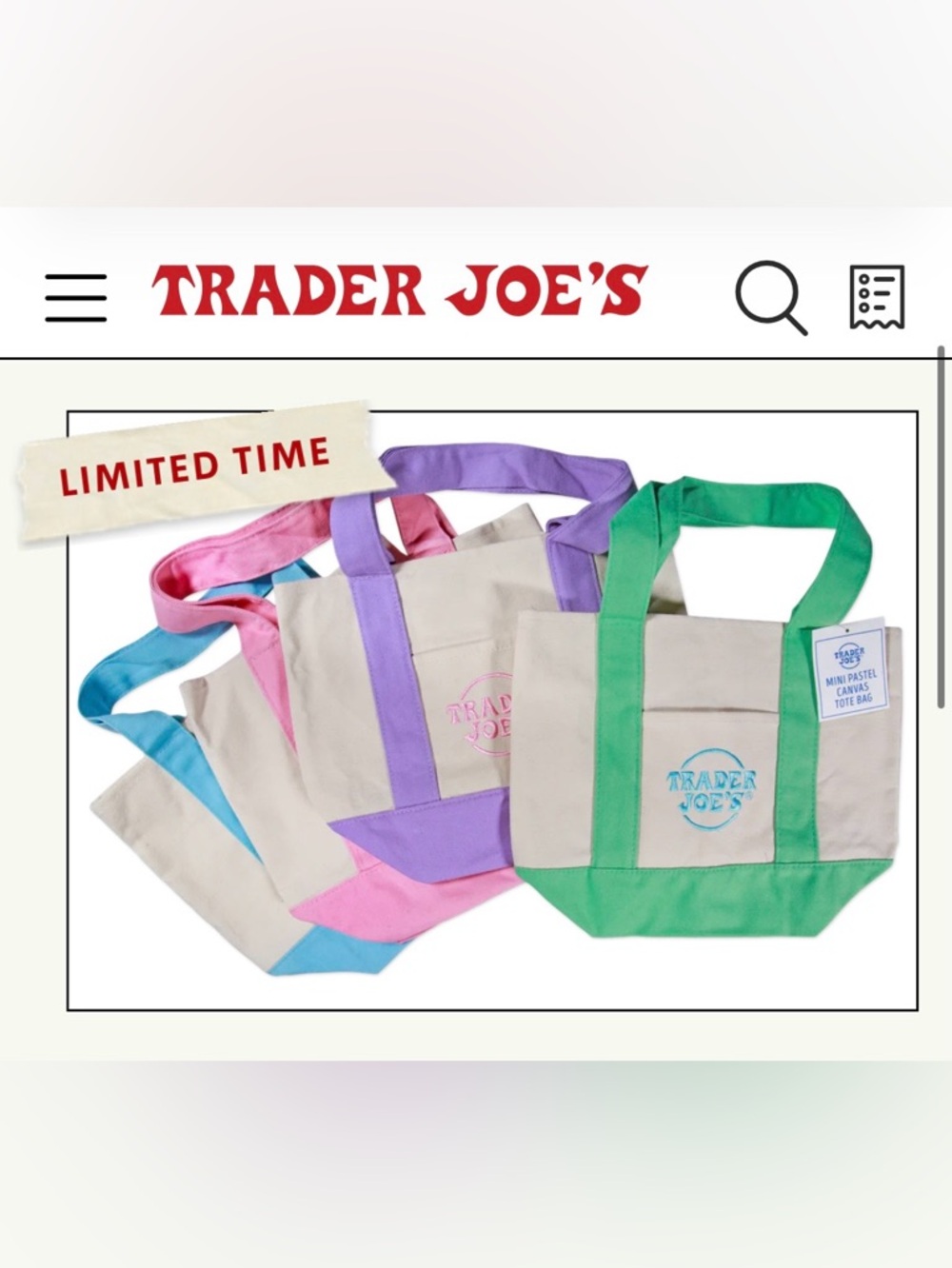 Trader Joe’s Mini Canvas Tote Bag - Green, Purple, Pink, Blue (NWT)